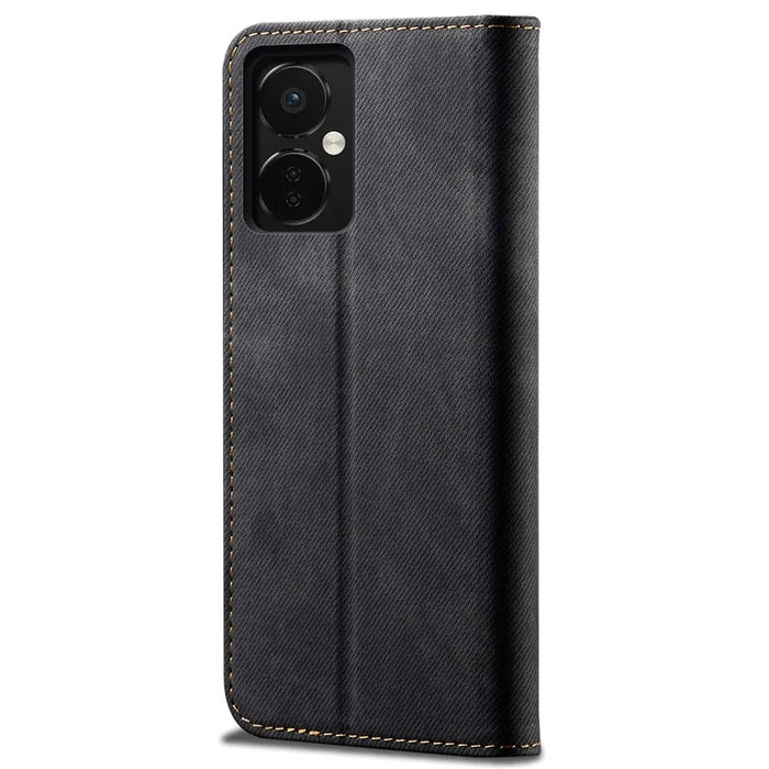 PU Leather Case for OnePlus Nord CE3 5G Stand Wallet Jeans Cloth Texture Phone Cover - Black - 6
