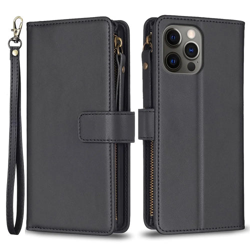 BF Style-19 for iPhone 12 / 12 Pro Anti-scratch Leather Case Zipper Pocket Stand Phone Wallet Cover - Black - 1