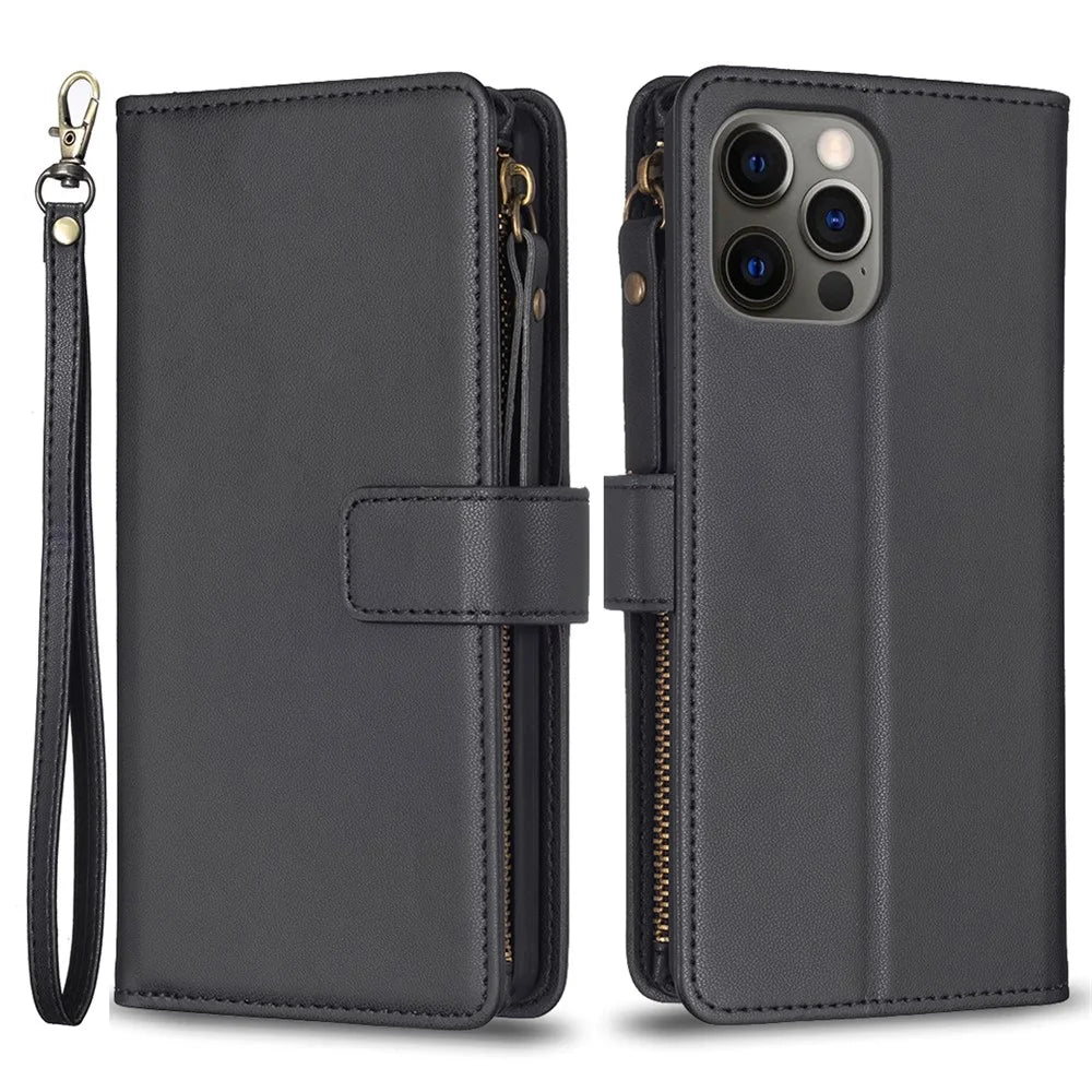 BF Style-19 for iPhone 12 / 12 Pro Anti-scratch Leather Case Zipper Pocket Stand Phone Wallet Cover - Black - 1