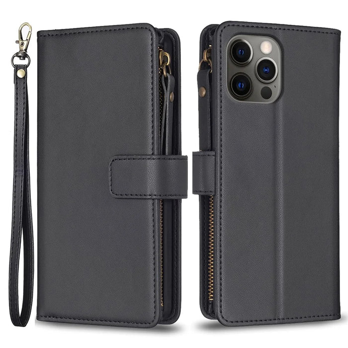 BF Style-19 for iPhone 12 / 12 Pro Anti-scratch Leather Case Zipper Pocket Stand Phone Wallet Cover - Black - 1