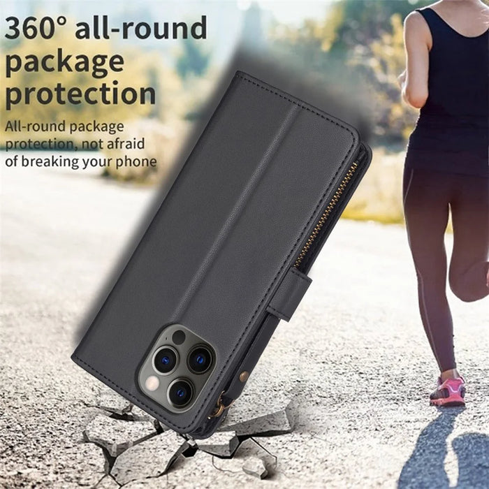 BF Style-19 for iPhone 12 / 12 Pro Anti-scratch Leather Case Zipper Pocket Stand Phone Wallet Cover - Black - 5