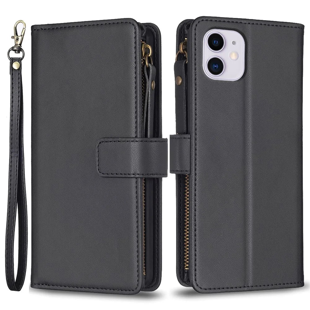 BF Style-19 Zipper Pocket Phone Case for iPhone 11 , PU Leather Stand Wallet Phone Cover - Black - 1