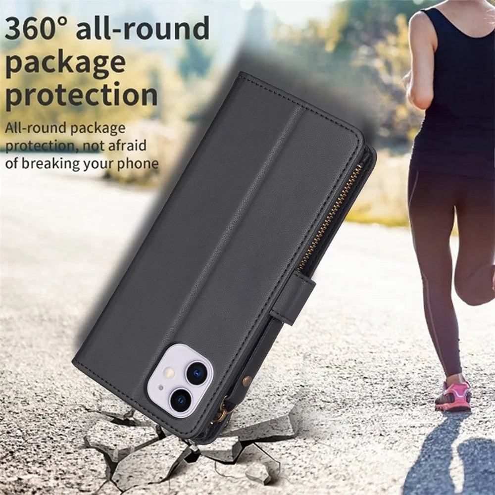 BF Style-19 Zipper Pocket Phone Case for iPhone 11 , PU Leather Stand Wallet Phone Cover - Black - 5