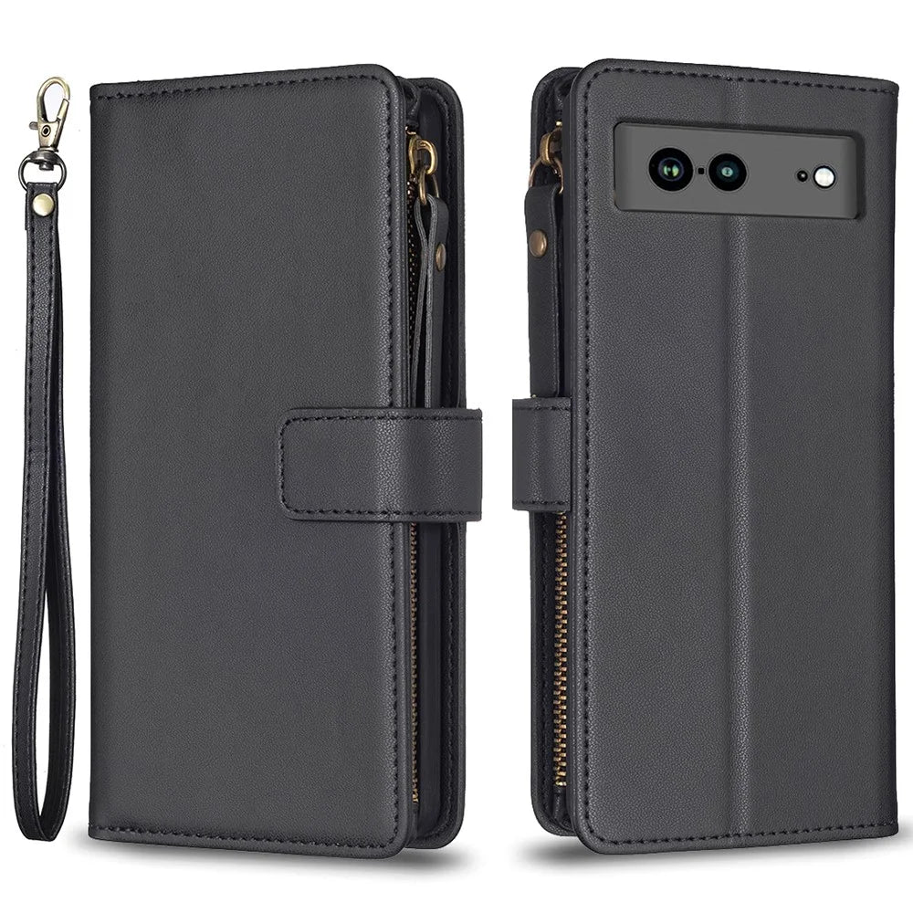 BF Style-19 for Google Pixel 7a Dustproof PU Leather Phone Case Wallet Stand Zippered Shell Cover - Black - 1