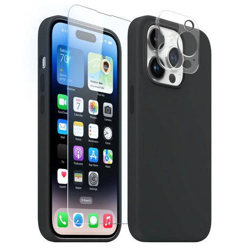 NORTHJO For iPhone 14 Pro Magnetic Silicone Phone Case with Tempered Glass Film+Camera Lens Protector - Black - 1