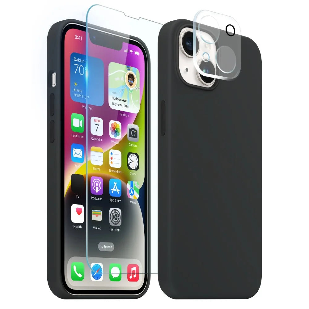 NORTHJO For iPhone 14 Plus Soft Touch Silicone Magnetic Phone Case with Tempered Glass Film+Camera Lens Protector - Black - 1