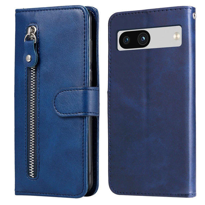 For Google Pixel 7a Calf Texture Leather Phone Case Zipper Pocket Wallet Flip Stand Cover - Blue - 1