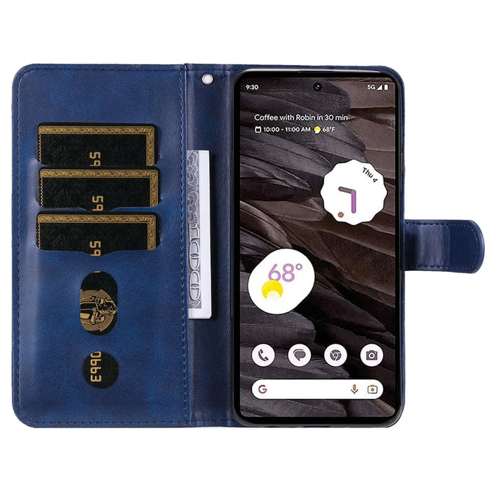 For Google Pixel 7a Calf Texture Leather Phone Case Zipper Pocket Wallet Flip Stand Cover - Blue - 2