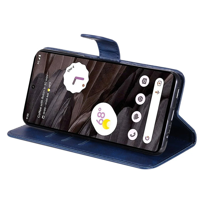 For Google Pixel 7a Calf Texture Leather Phone Case Zipper Pocket Wallet Flip Stand Cover - Blue - 3