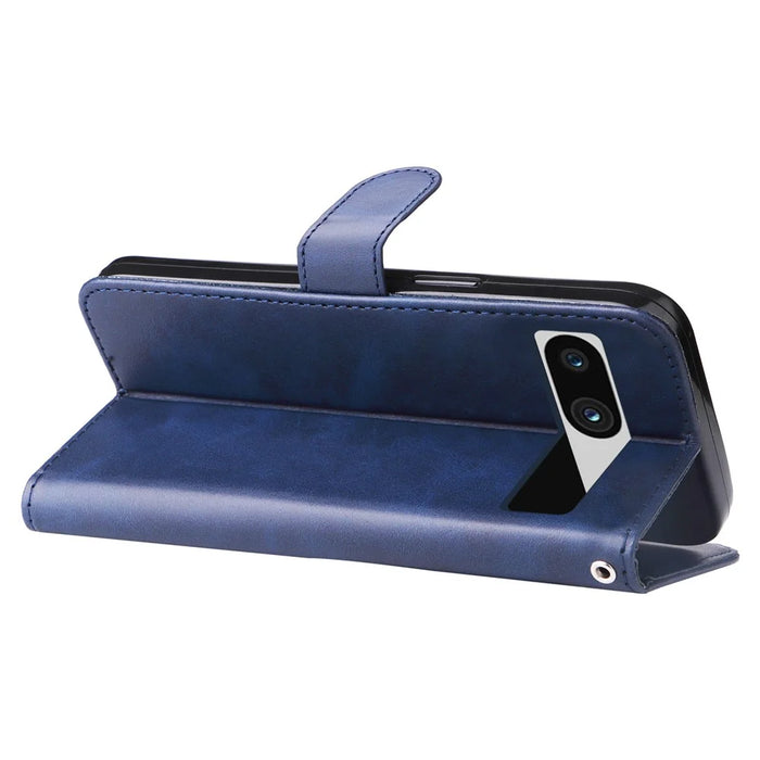 For Google Pixel 7a Calf Texture Leather Phone Case Zipper Pocket Wallet Flip Stand Cover - Blue - 4