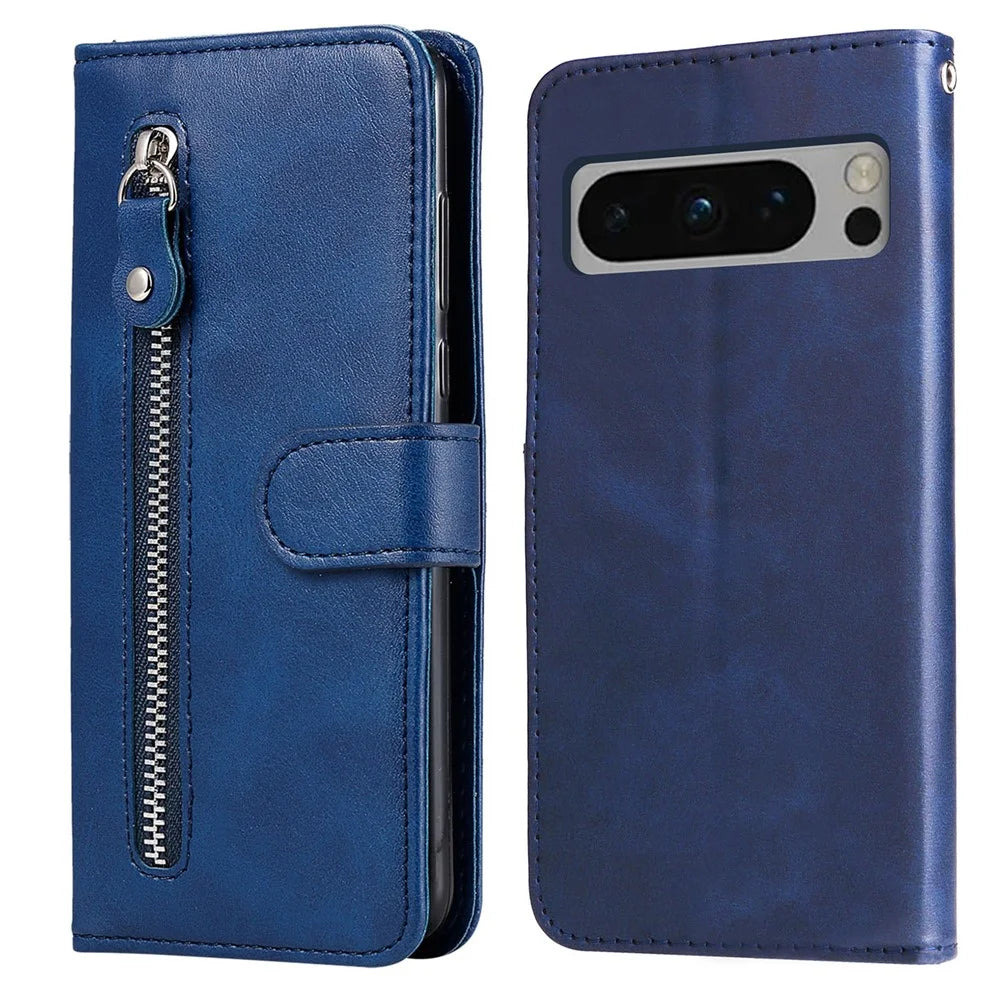 For Google Pixel 8 Pro Calf Texture Phone Case Zipper Pocket Leather Wallet Stand Cover - Blue - 1