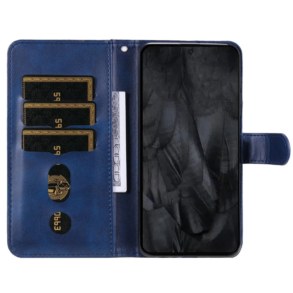 For Google Pixel 8 Pro Calf Texture Phone Case Zipper Pocket Leather Wallet Stand Cover - Blue - 2