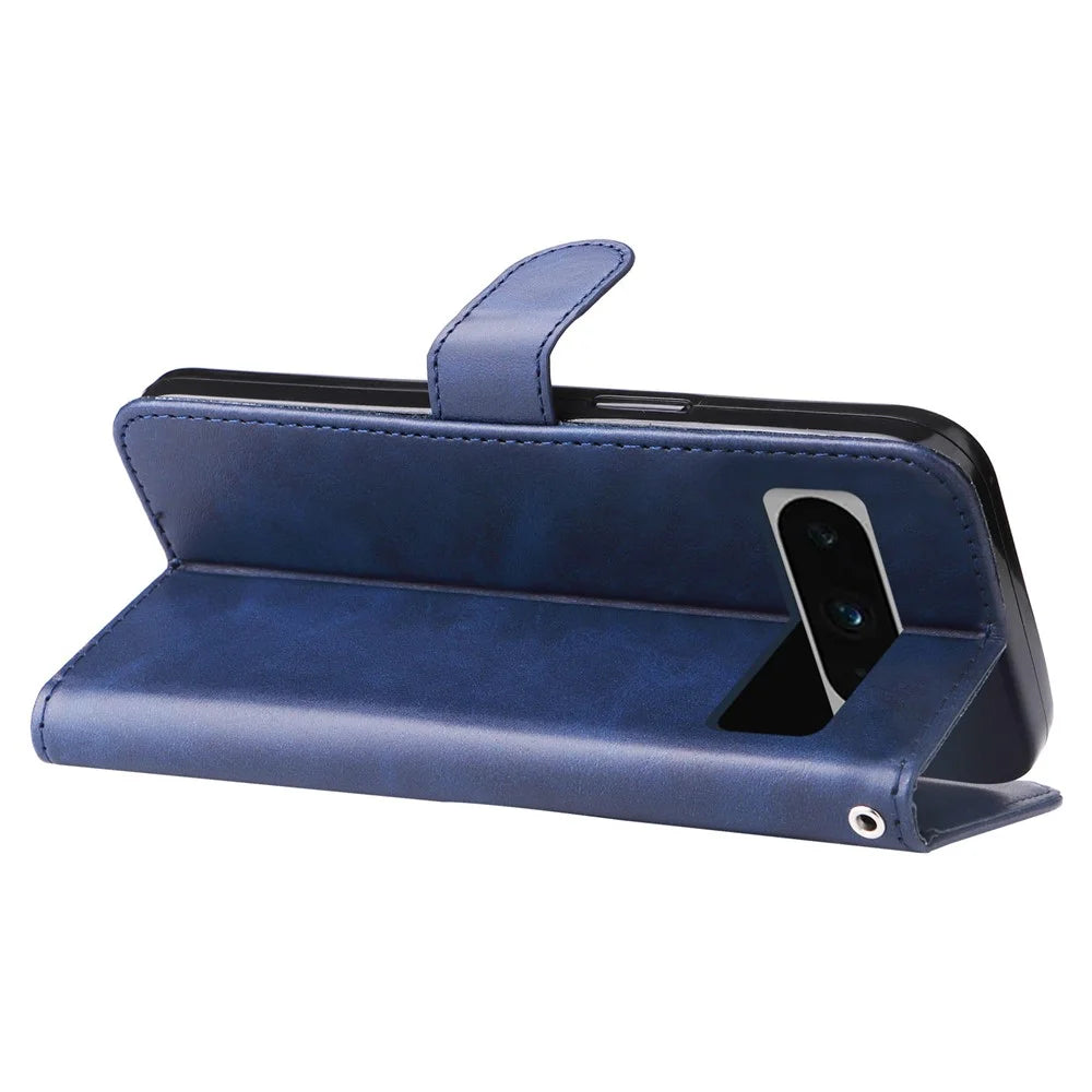 For Google Pixel 8 Pro Calf Texture Phone Case Zipper Pocket Leather Wallet Stand Cover - Blue - 4