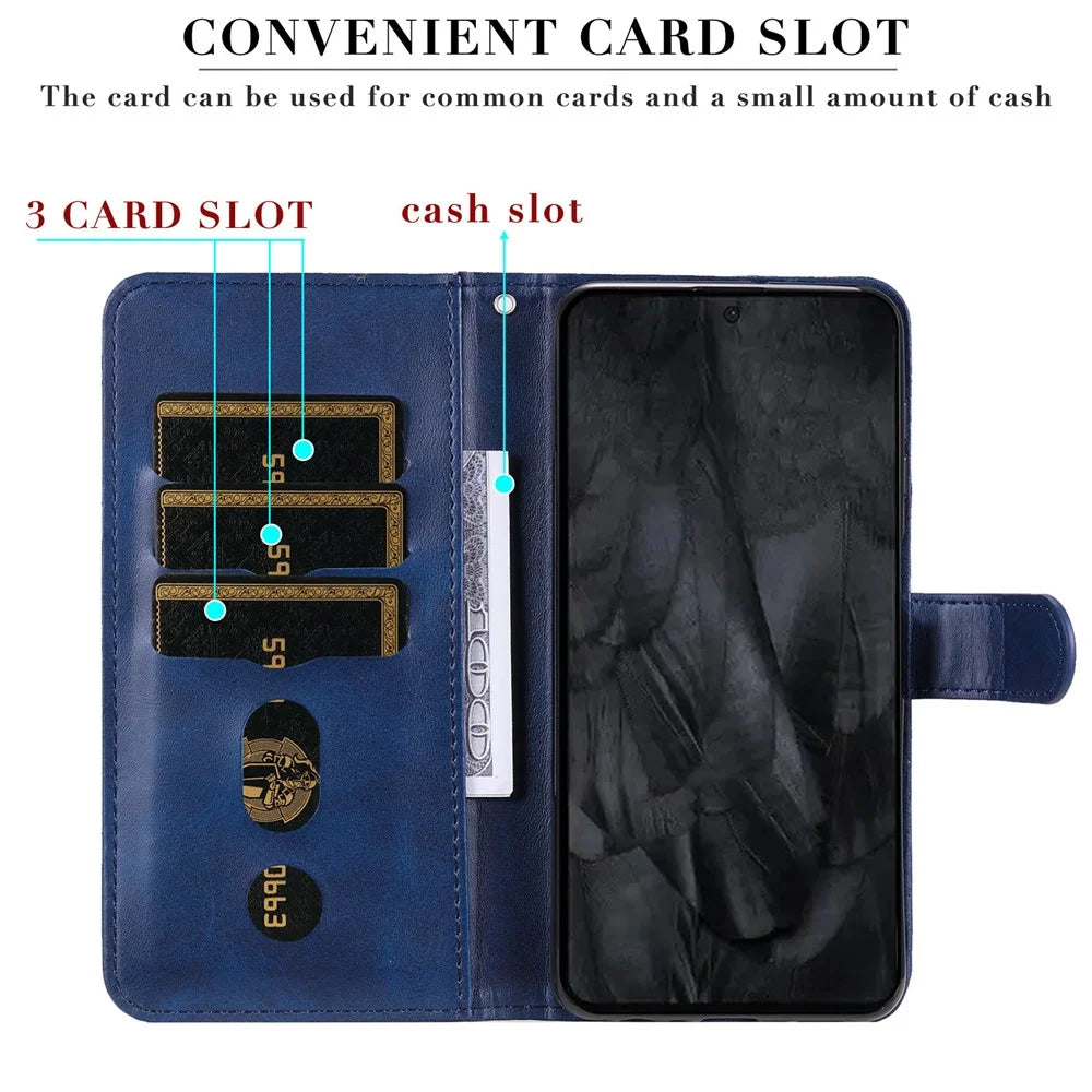 For Google Pixel 8 Pro Calf Texture Phone Case Zipper Pocket Leather Wallet Stand Cover - Blue - 7