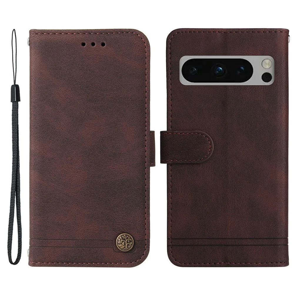 For Google Pixel 8 Pro Leather Wallet Cases Skin Touch Phone Cover Stand with Strap - Brown - 1