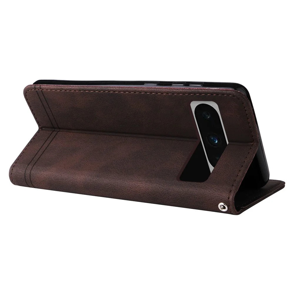 For Google Pixel 8 Pro Leather Wallet Cases Skin Touch Phone Cover Stand with Strap - Brown - 4