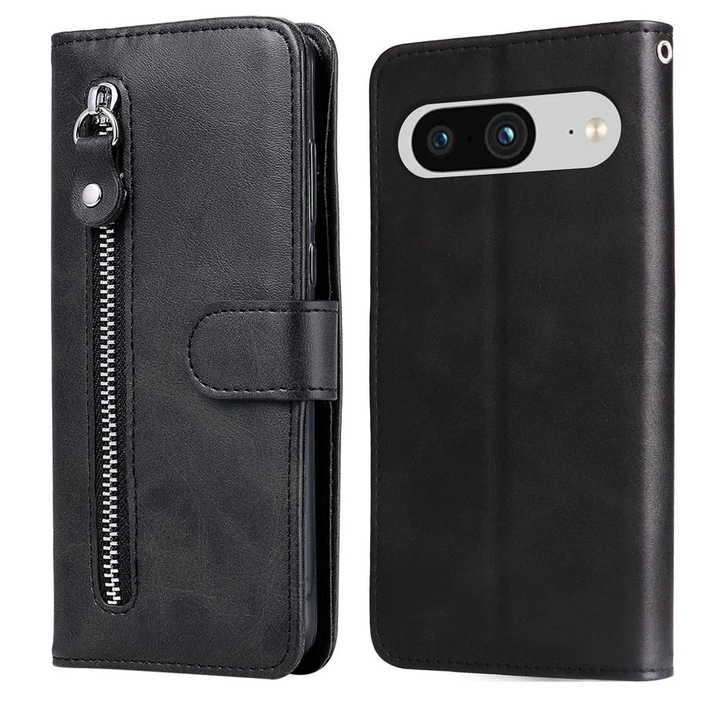 For Google Pixel 8 Zipper Pocket Wallet Cover Calf Texture PU Leather Phone Case with Stand - Black - 1