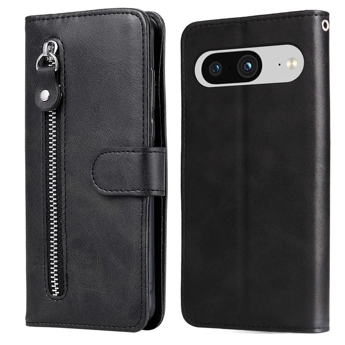 For Google Pixel 8 Zipper Pocket Wallet Cover Calf Texture PU Leather Phone Case with Stand - Black - 1