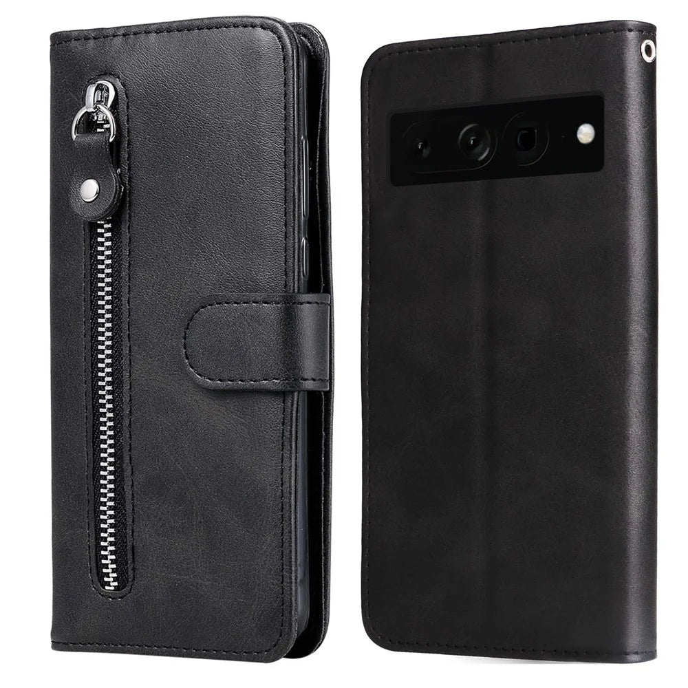 For Google Pixel 7 Pro 5G Zipper Pocket Wallet Leather Stand Cover Calf Texture Phone Case - Black - 1