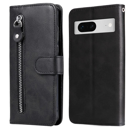 For Google Pixel 7 5G Calf Texture Phone Case Folding Stand Zipper Pocket Leather Wallet Cover - Black - 1