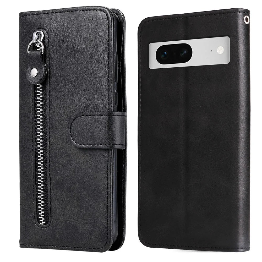 For Google Pixel 7 5G Calf Texture Phone Case Folding Stand Zipper Pocket Leather Wallet Cover - Black - 1