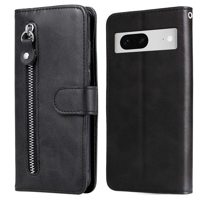For Google Pixel 7 5G Calf Texture Phone Case Folding Stand Zipper Pocket Leather Wallet Cover - Black - 1