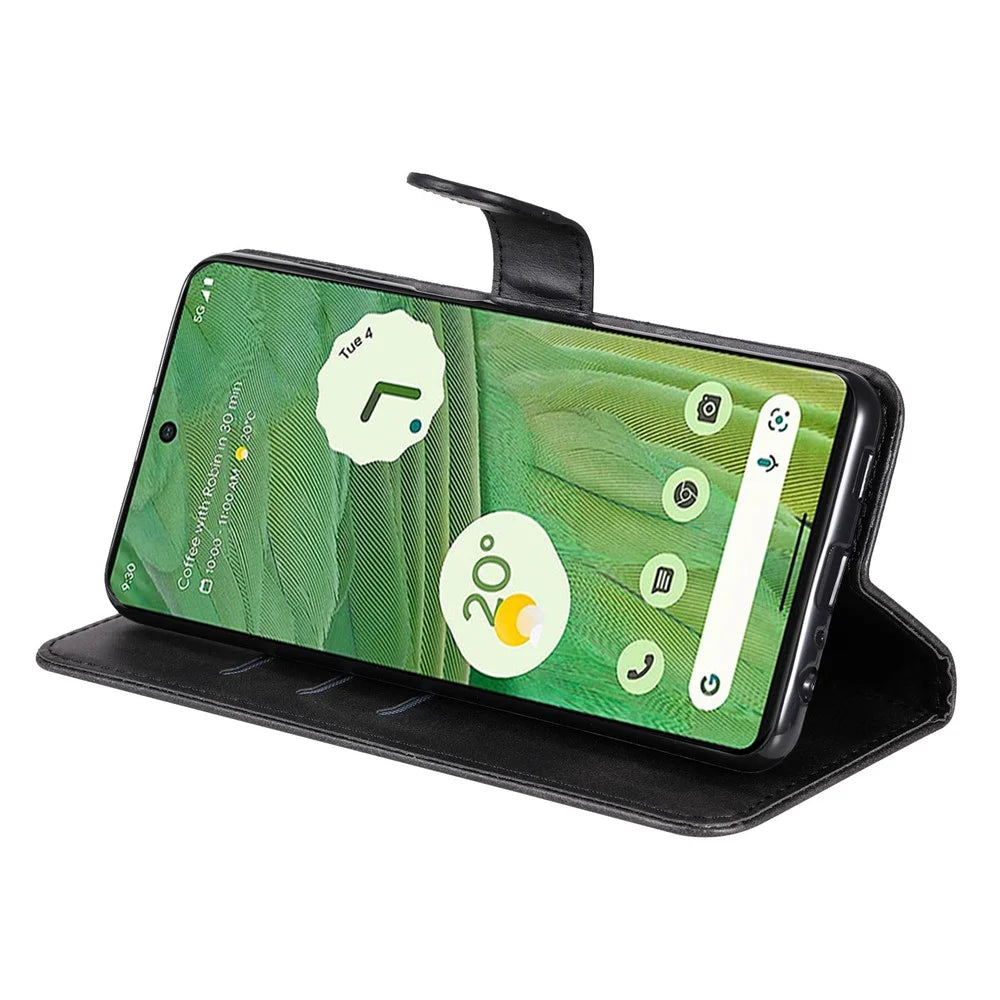 For Google Pixel 7 5G Calf Texture Phone Case Folding Stand Zipper Pocket Leather Wallet Cover - Black - 3