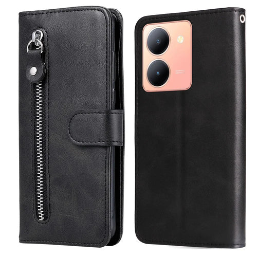 For vivo Y78 5G / Y78+ 5G Calf Texture Leather Anti-drop Stand Cover Zipper Pocket Wallet Phone Case - Black - 1
