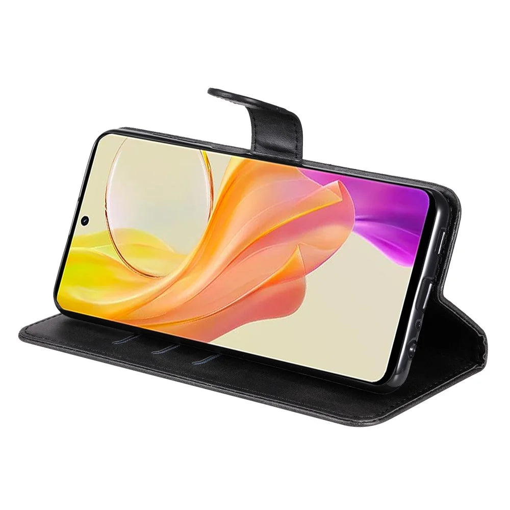 For vivo Y78 5G / Y78+ 5G Calf Texture Leather Anti-drop Stand Cover Zipper Pocket Wallet Phone Case - Black - 3