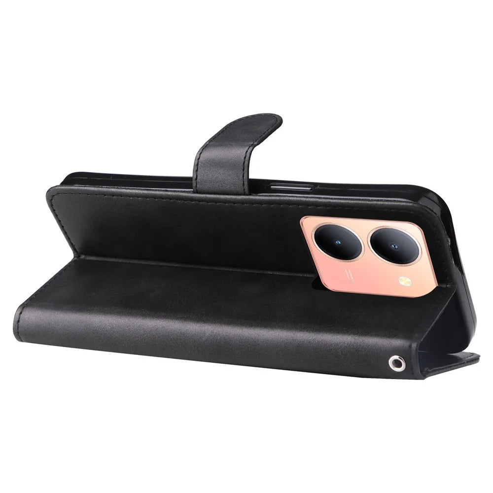 For vivo Y78 (China) 5G / Y36 4G (Global) / Y36 5G (Global) Flip Stand Phone Case Calf Texture Zipper Pocket Leather Wallet Cover - Black - 4