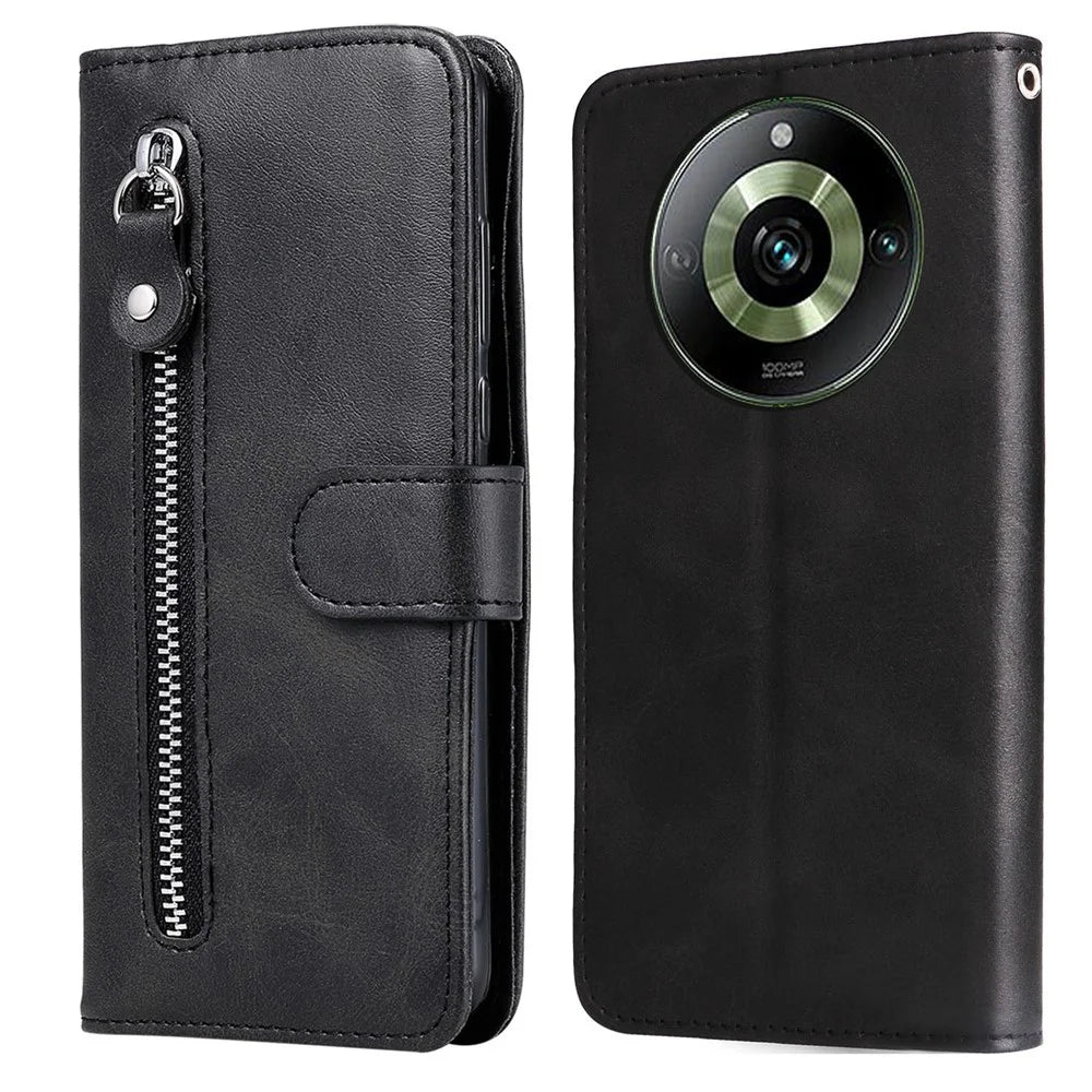 For Realme 11 Pro+ / 11 Pro 5G Leather Wallet Stand Cover Calf Texture Phone Case with Zipper Pocket - Black - 1