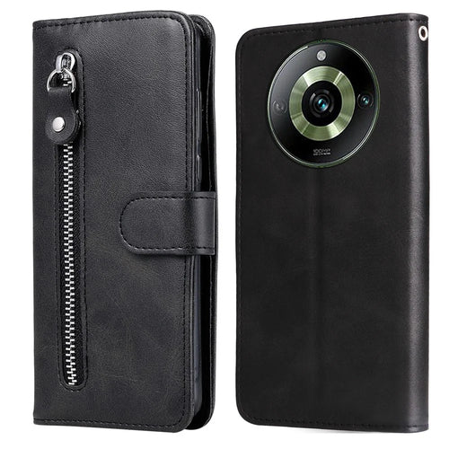 For Realme 11 Pro+ / 11 Pro 5G Leather Wallet Stand Cover Calf Texture Phone Case with Zipper Pocket - Black - 1