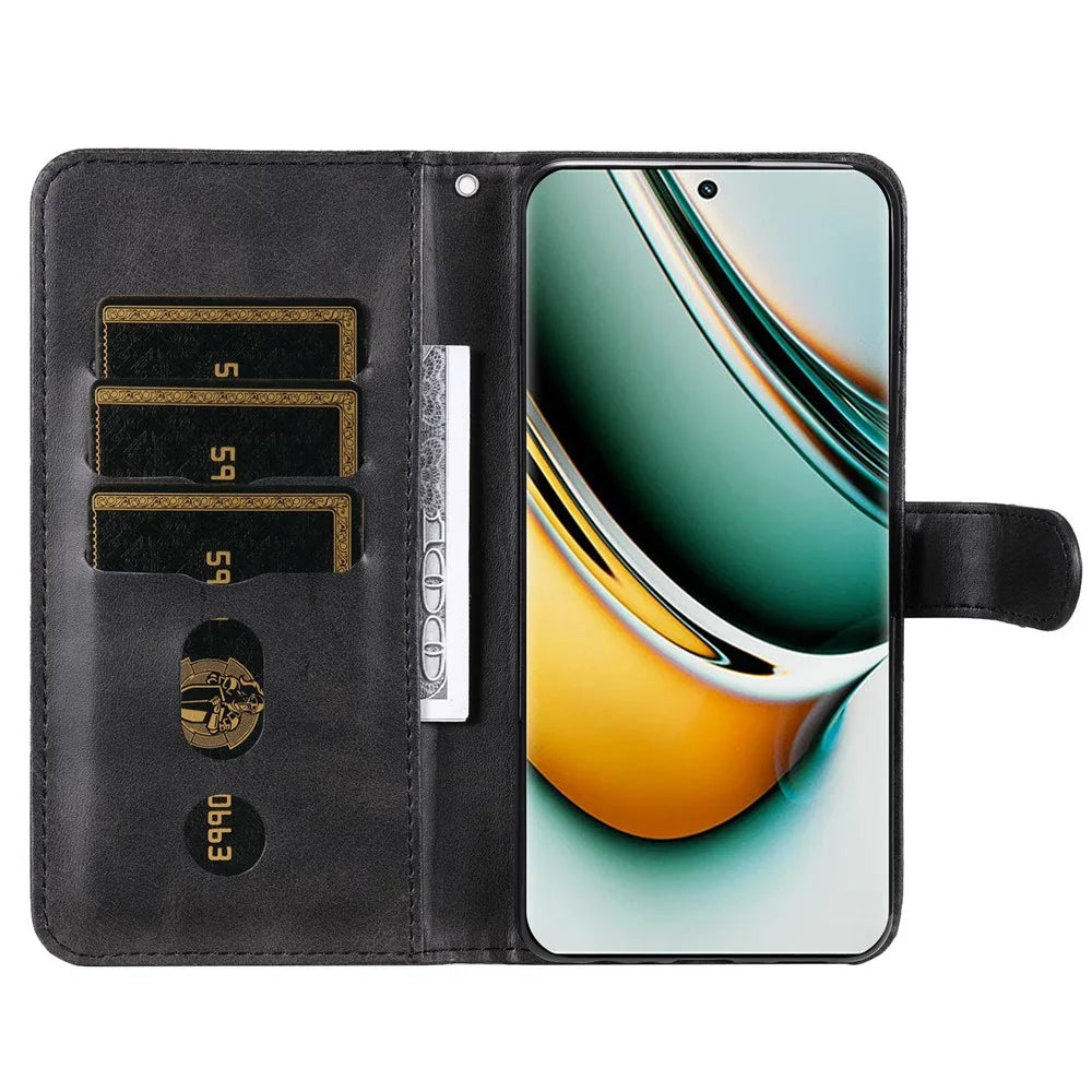 For Realme 11 Pro+ / 11 Pro 5G Leather Wallet Stand Cover Calf Texture Phone Case with Zipper Pocket - Black - 2
