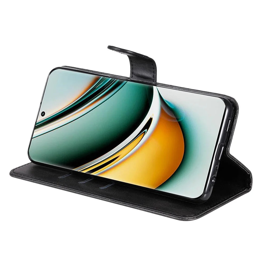 For Realme 11 Pro+ / 11 Pro 5G Leather Wallet Stand Cover Calf Texture Phone Case with Zipper Pocket - Black - 3