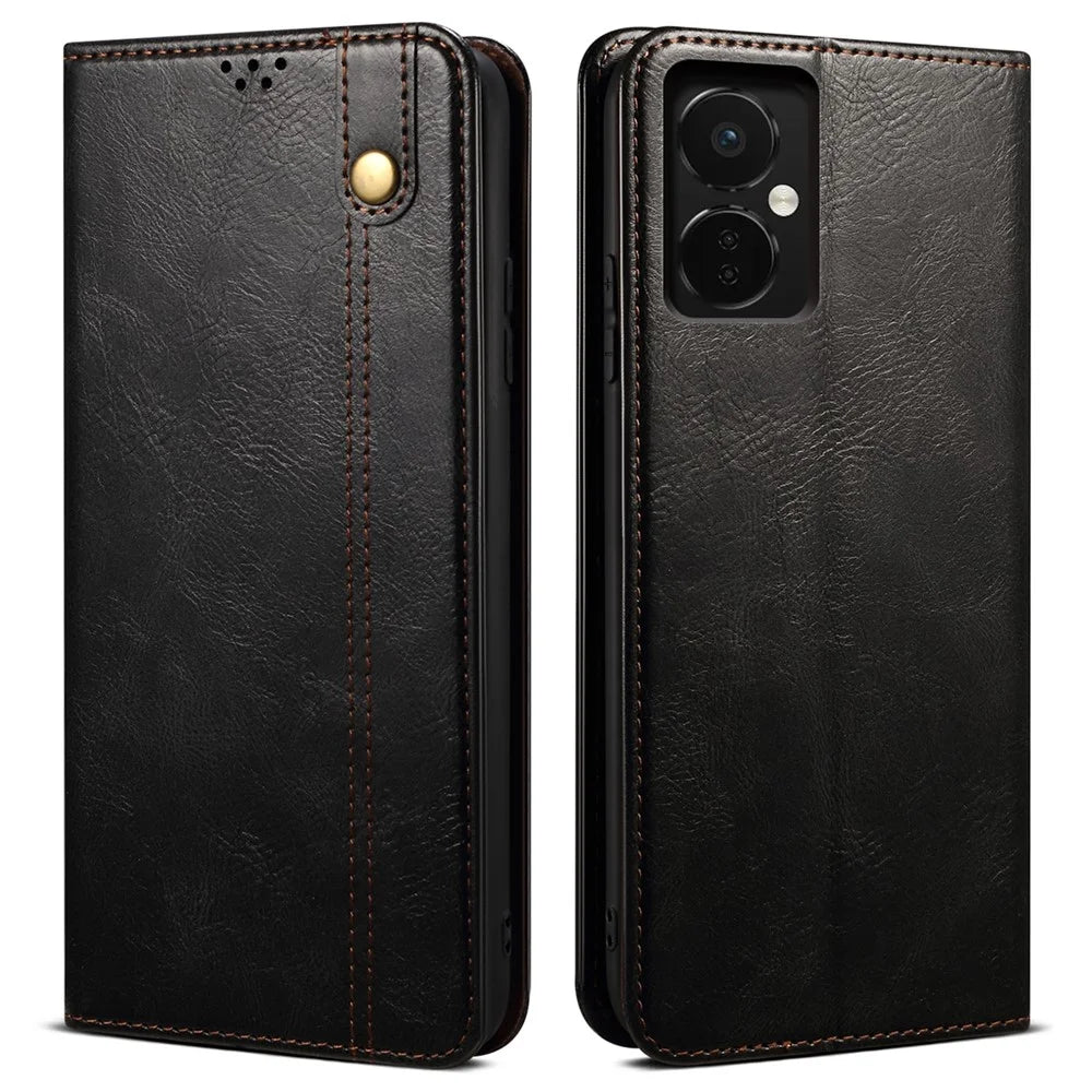 For OnePlus Nord CE3 5G Leather Case Waxy Crazy Horse Texture Stand Wallet Phone Cover - Black - 1