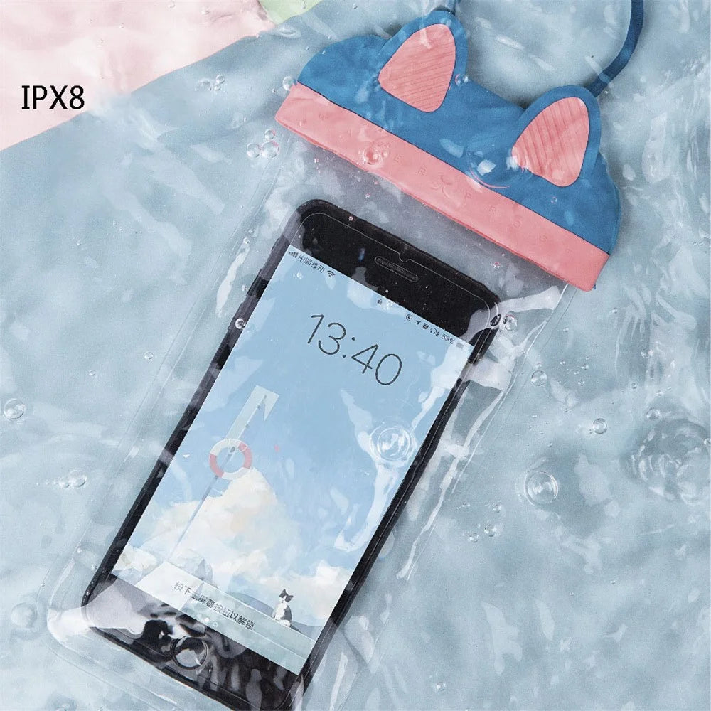 Waterproof Phone Pouch Fits Up to 7" Cell Phone Cute Cat IPX8 Phone Protector Clear TPU Dry Bag Screen Touch Sensitivity - Blue - 3