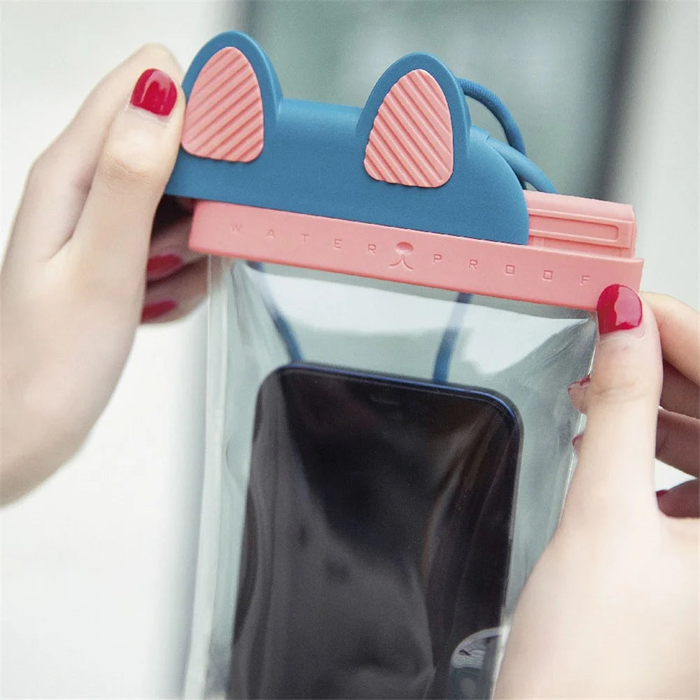 Waterproof Phone Pouch Fits Up to 7" Cell Phone Cute Cat IPX8 Phone Protector Clear TPU Dry Bag Screen Touch Sensitivity - Blue - 4