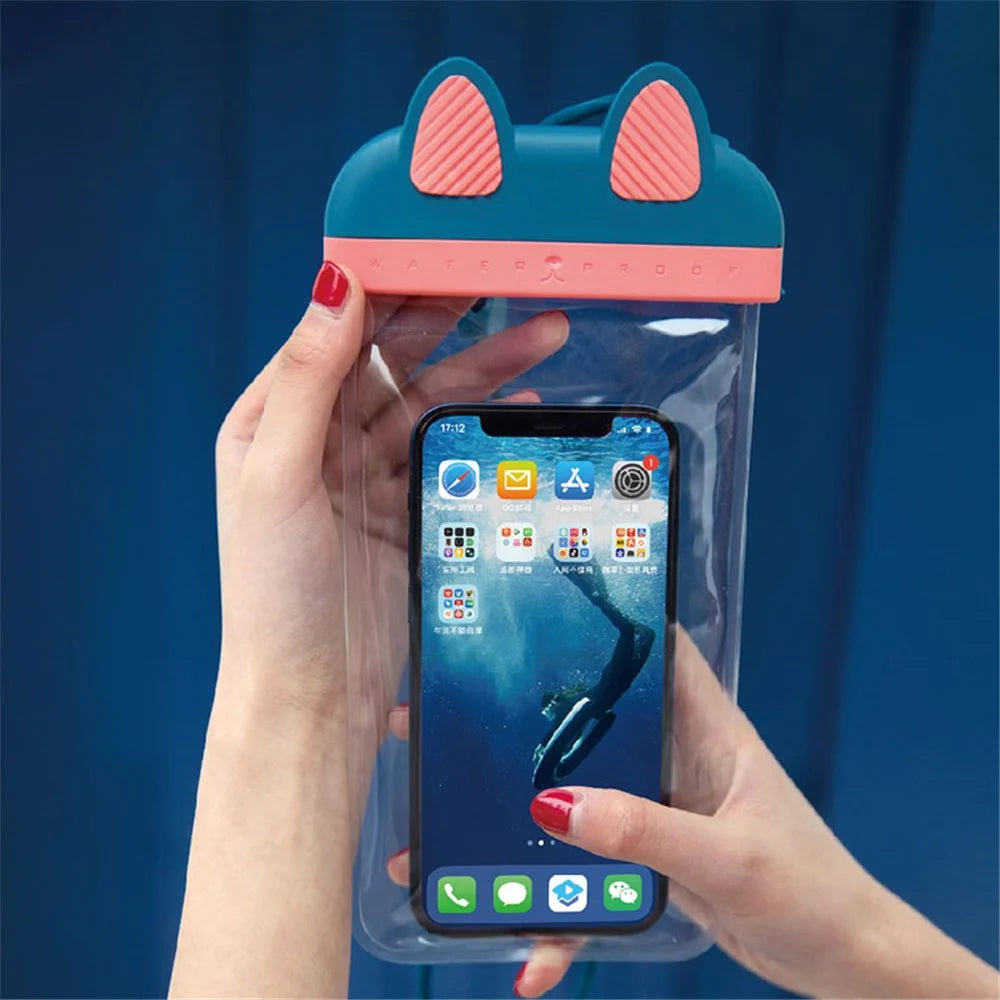 Waterproof Phone Pouch Fits Up to 7" Cell Phone Cute Cat IPX8 Phone Protector Clear TPU Dry Bag Screen Touch Sensitivity - Blue - 6