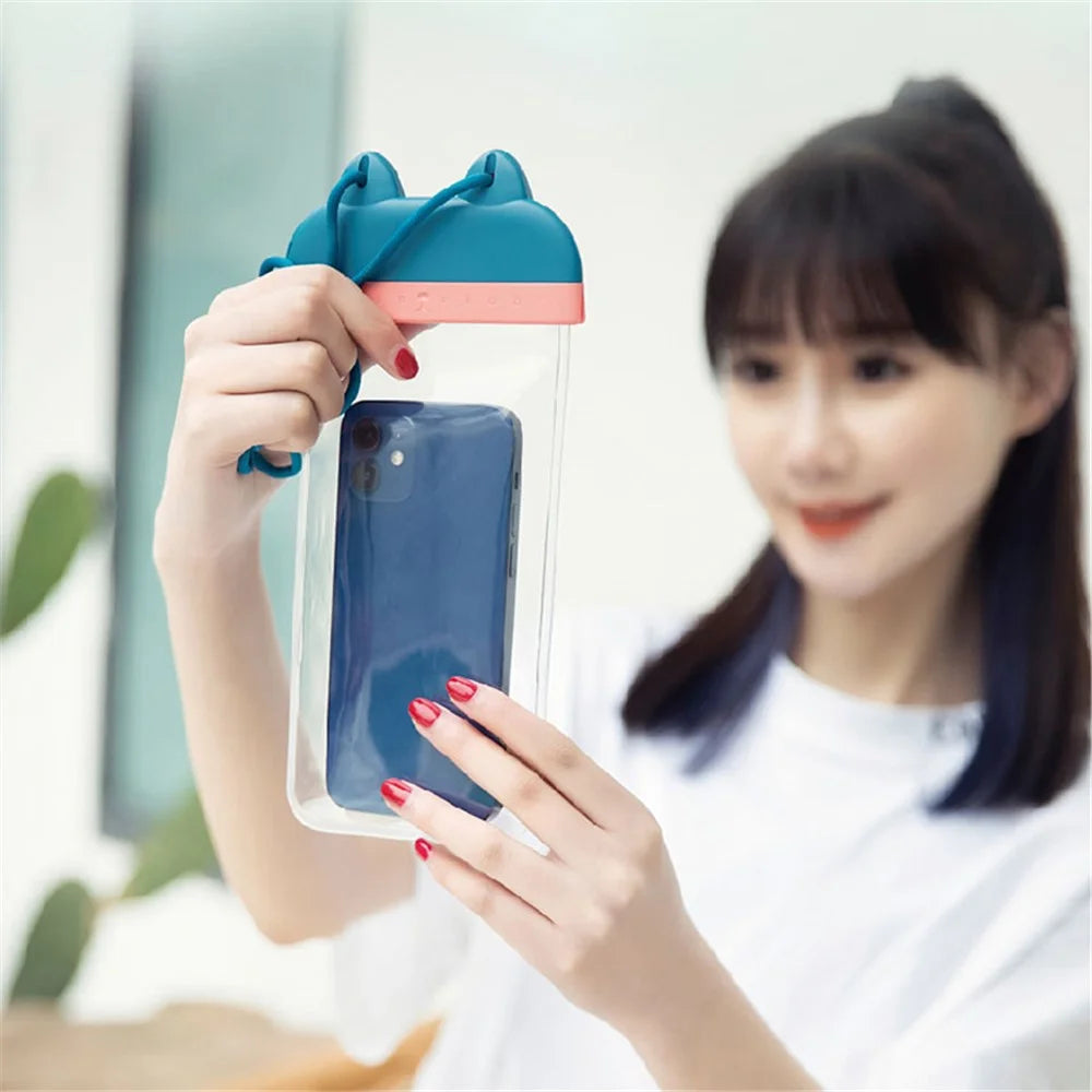 Waterproof Phone Pouch Fits Up to 7" Cell Phone Cute Cat IPX8 Phone Protector Clear TPU Dry Bag Screen Touch Sensitivity - Blue - 7