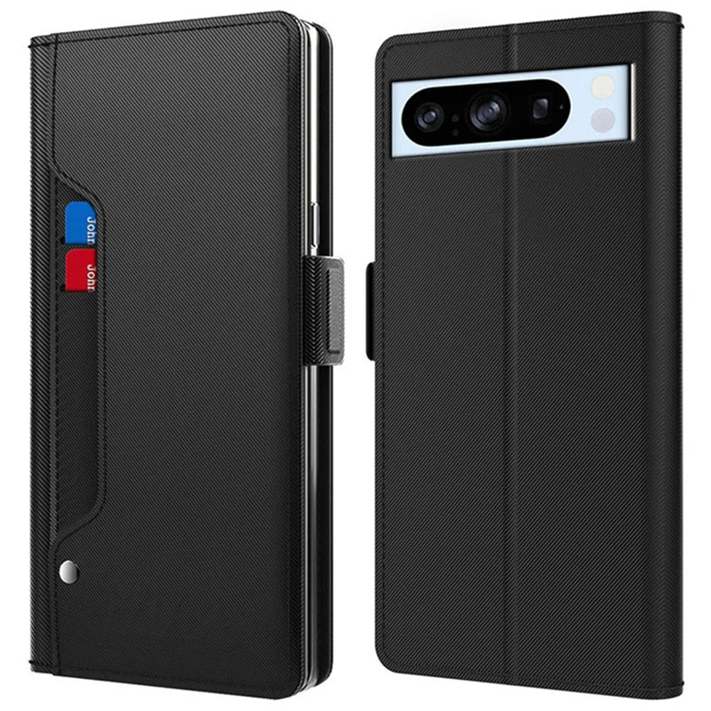 PU Leather + TPU Stand Case for Google Pixel 8 Pro , Mirror Design Card Holder Mobile Phone Cover - Black - 1