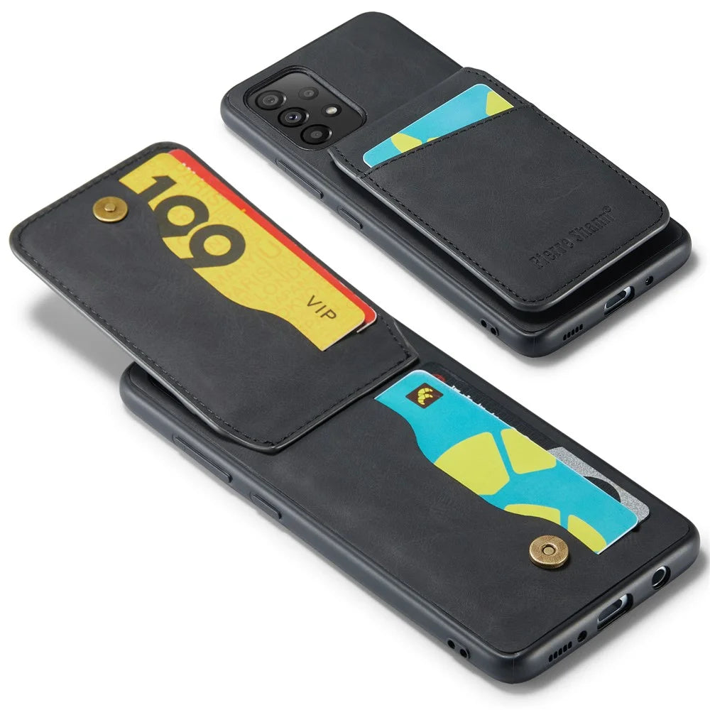 FIERRE SHANN For Samsung Galaxy A52 4G / 5G / A52s 5G PU Leather+TPU Kickstand Shell RFID Blocking Card Holder Phone Case - Black - 4