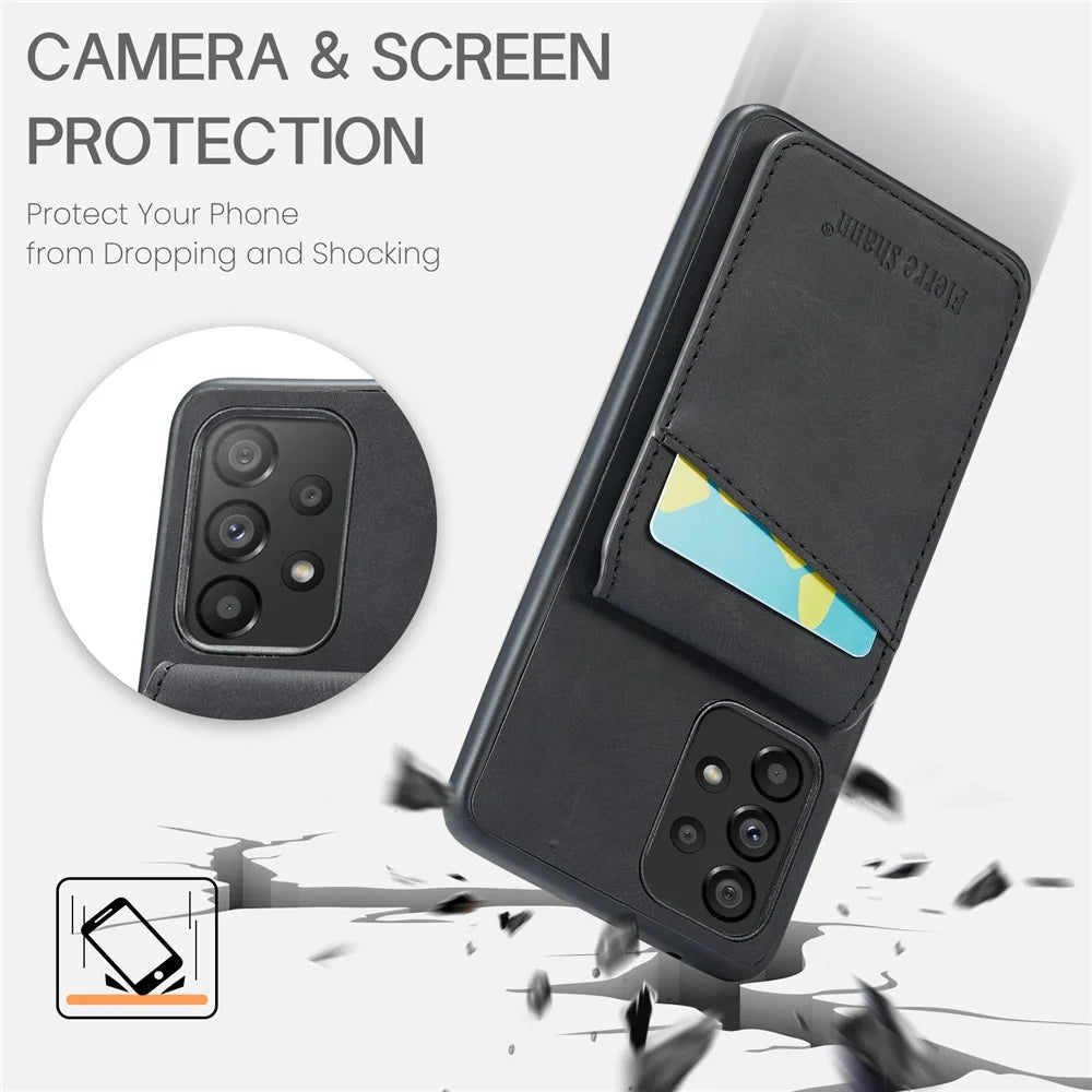 FIERRE SHANN For Samsung Galaxy A52 4G / 5G / A52s 5G PU Leather+TPU Kickstand Shell RFID Blocking Card Holder Phone Case - Black - 5