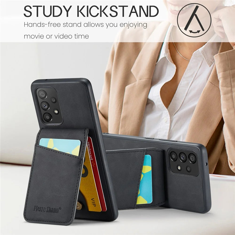 FIERRE SHANN For Samsung Galaxy A52 4G / 5G / A52s 5G PU Leather+TPU Kickstand Shell RFID Blocking Card Holder Phone Case - Black - 7