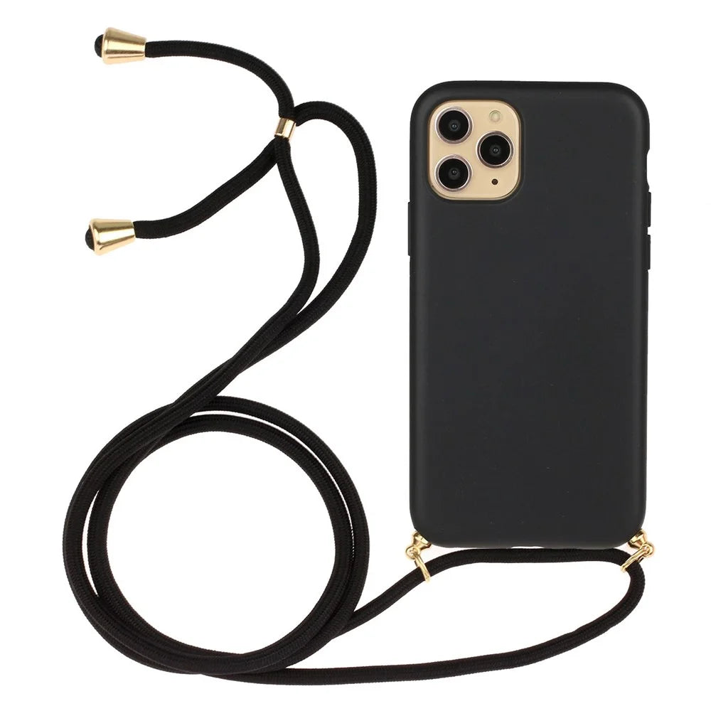 For iPhone 15 Pro Max Mobile Phone Case Biodegradable Wheat Straw+TPU Protection Cover with Lanyard - Black - 1