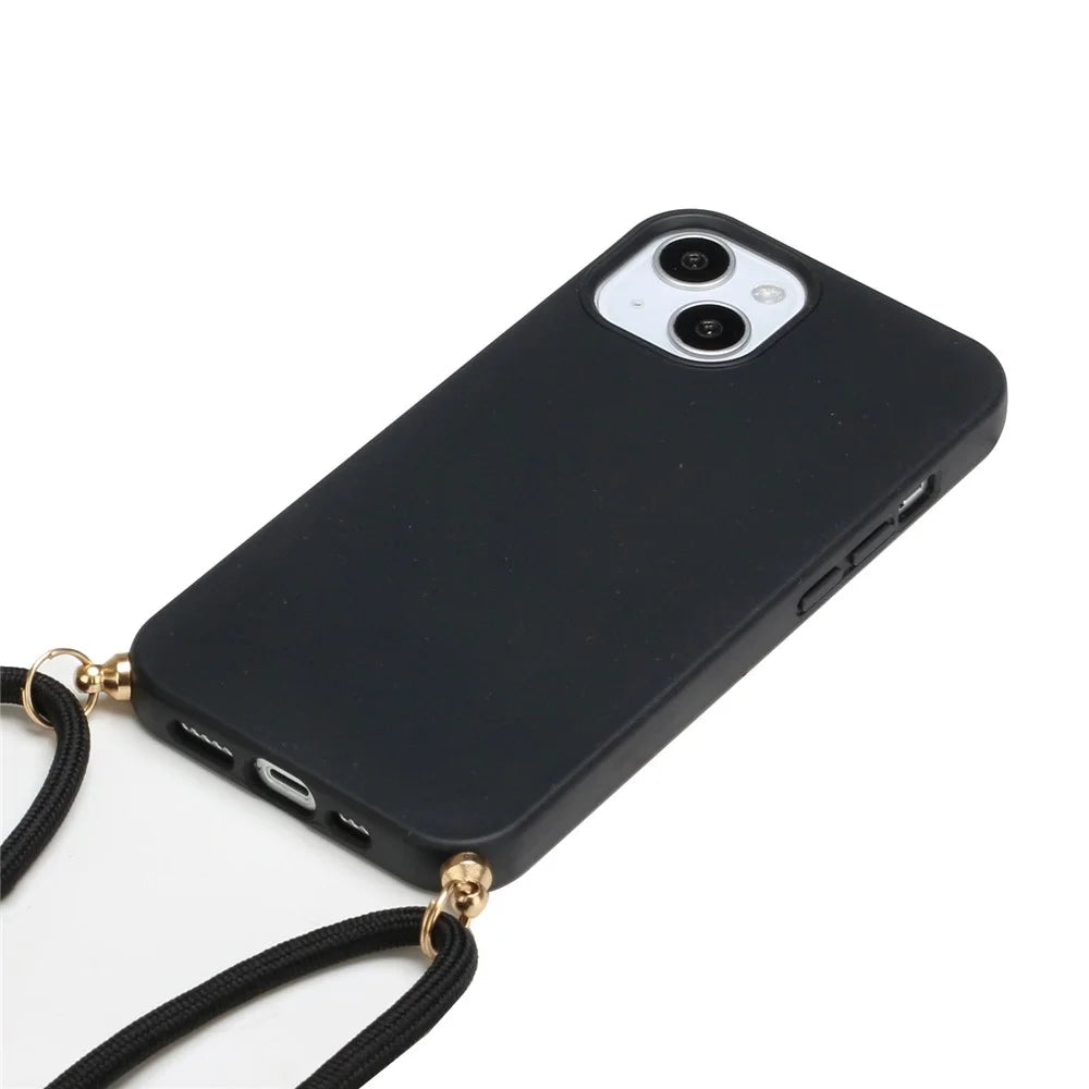 For iPhone 15 Plus Biodegradable Phone Case Wheat Straw+TPU Shockproof Protection Cover with Lanyard - Black - 4