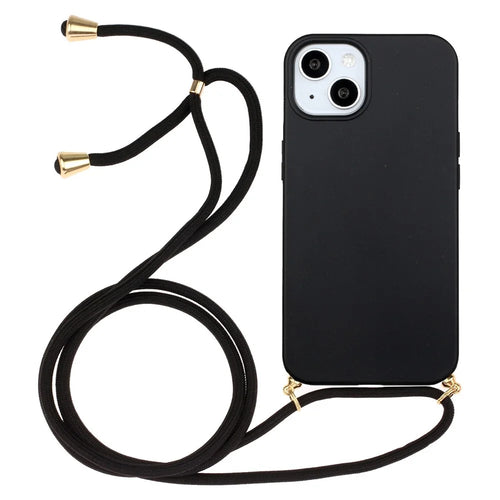 For iPhone 15 Eco-Friendly Phone Case Compostable Wheat Straw+TPU Shock Absorbing Cover with Lanyard - Black - 1