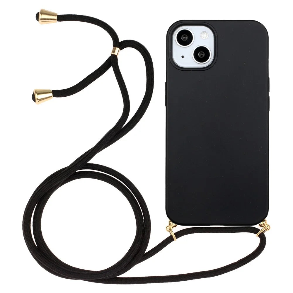 For iPhone 15 Eco-Friendly Phone Case Compostable Wheat Straw+TPU Shock Absorbing Cover with Lanyard - Black - 1