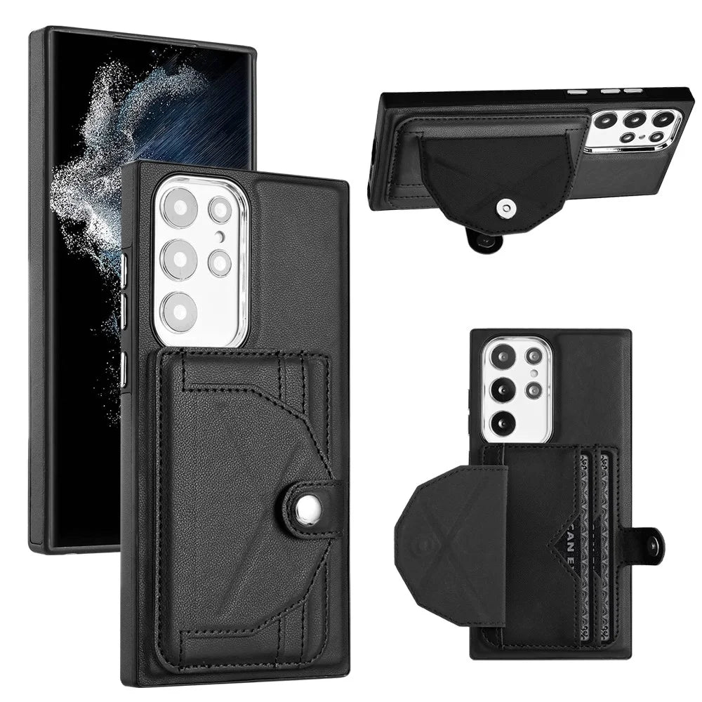 YB Leather Coating Series-4 Kickstand Case for Samsung Galaxy S23 Ultra Card Slots Leather Coated TPU Phone Cover - Black - 1
