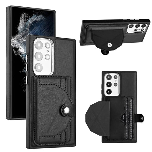 YB Leather Coating Series-4 Kickstand Case for Samsung Galaxy S23 Ultra Card Slots Leather Coated TPU Phone Cover - Black - 1