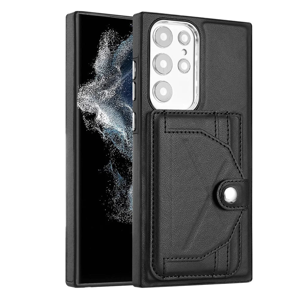 YB Leather Coating Series-4 Kickstand Case for Samsung Galaxy S23 Ultra Card Slots Leather Coated TPU Phone Cover - Black - 2